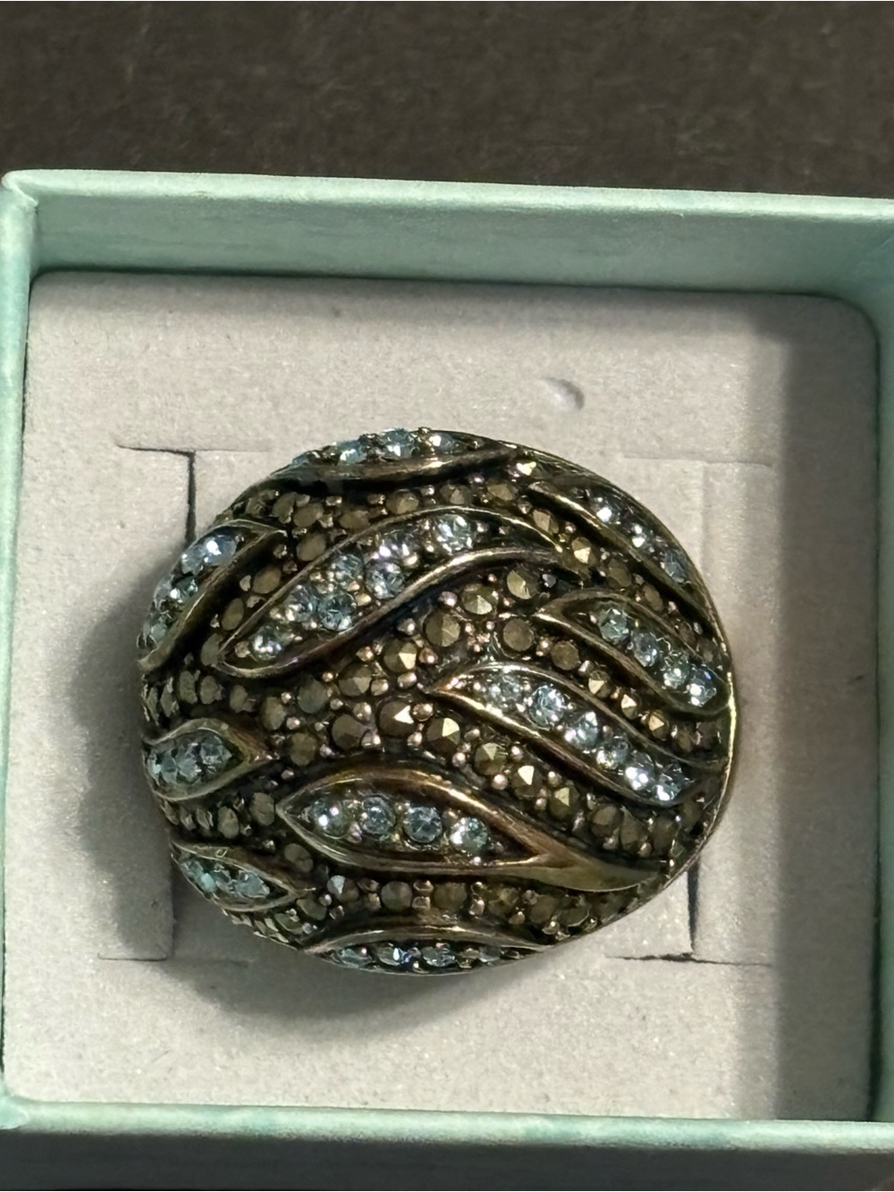 Vntg 925 Sterling Silver Marcasite & Blue Topaz Swirl Dome Statement Ring Sz 9